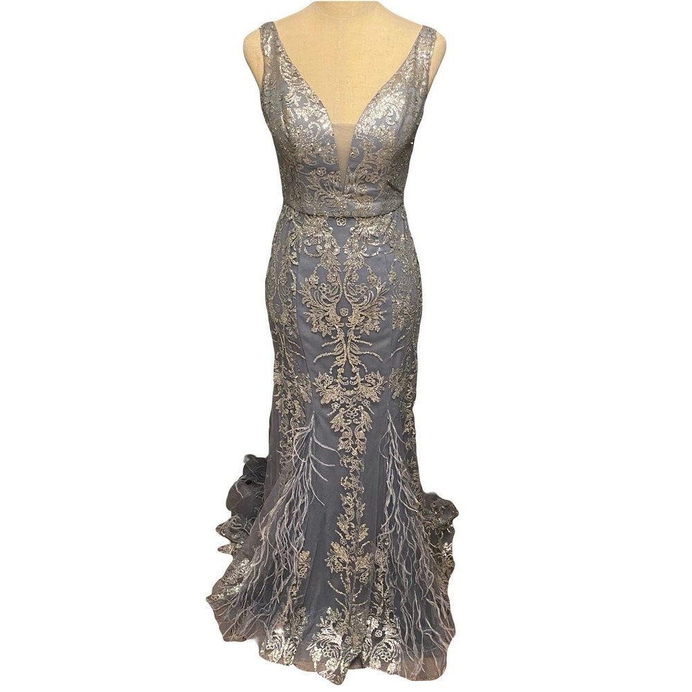 Ladivine Cinderella Divine Feathered Blue Mermaid Evening Gown Dress Size 6